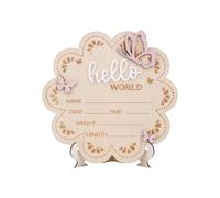 Hello World - Cartello di annuncio per bambini, in legno, a forma di fiore, con supporto, targhetta per il nome e accessorio di scena per ospedale, decorazione per la cameretta dei bambini, baby