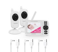 HelloBaby Baby Monitor con 2 Telecamere, Schermo IPS 3.2" Visione Notturna | Senza Wifi Two Telecamera Baby Monitor, Interfono Bidirezionale, ECO/VOX, Promemoria Poppate, Carica USB, 300m, Ninna Nanna