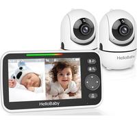 HelloBaby Babyphone con 2 telecamere, batteria da 3500 mAh, schermo diviso da 5", orientabile a 355°/120°, senza Wi-Fi, ECO, audio a 2 vie, visione notturna, 8 ninne
