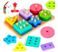 HELLOWOOD Giocattoli Educativi Montessori per Bambine e Bambini di 1 2 3 Anni, Giocattoli in Legno Impilabili e Abbinabili per Bambini con 24 Blocchi Geometrici Colorati