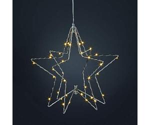 HELLUM 522624 - Stella a LED 2D o 3D da appoggiare o appendere con timer da 6 ore, 36 LED a luce bianca calda, con gancio trasparente, 30 x 33 cm, funzionamento a batteria (non inclusa)