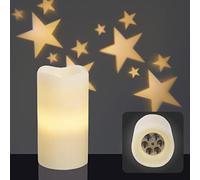 hellum Candela a LED con timer, Ø 8 cm x 15 cm di altezza, proiettore a LED con cielo stellato, con batterie (3 batterie AAA non incluse), decorazione natalizia, vera cera 524055