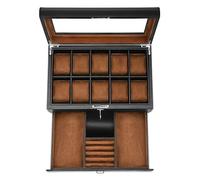 HELMDY Scatola per orologi in pelle con cassetto, 10 scomparti con chiusura a chiave, per orologi da uomo, custodia per orologi di lusso, organizer a 2 ripiani