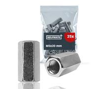 HELPMATE - Dado di prolunga M5 - Acciaio zincato - 25 pezzi | M5x20x8 mm - Dado esagonale di prolunga per il collegamento di filettature metriche
