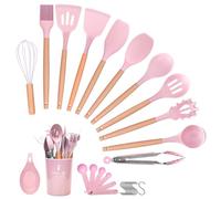 Helterfolg Utensili Cucina Set, 29 Pezzi Resistente Utensili da Cucina in Silicone, Cucina Set con Supporto Spatola Pinze per Tornitura Cucchiaio (Rosa)