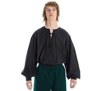 HEMAD Camicia in Cotone Medievale da Uomo - Senza Colletto & Anteriore Allacciatura - L Nero
