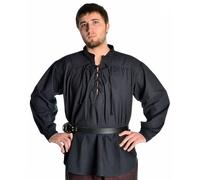 HEMAD Camicia medievale da uomo pirata - Collo alto, pizzo frontale, cotone leggero - S-XXXL Bianco e Nero