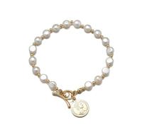 Hemasa Bracciale da donna con perle d'acqua dolce barocche con moneta, Medio, Acciaio inossidabile, Agata