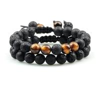 Hemasa Braccialetto in corda intrecciata regolabile con occhio di tigre e perline di lava nera, Stretch, Metallo, Agata