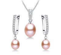 Hemasa Set di gioielli da donna in argento Sterling con perle d'acqua dolce di riso da 8-9 mm e collana, Adjustable, Acciaio inossidabile, Agata