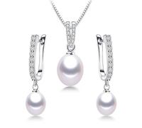 Hemasa Set di gioielli in argento Sterling con orecchini e collane di perle d'acqua dolce di riso da 8-9 mm per donna, Regolabile, Acciaio inossidabile, Agata