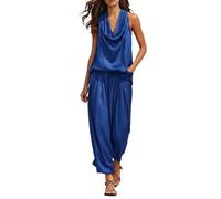 HEMNACU Elegante set di due pezzi da donna, top con scollo drappeggiato e pantaloni casual, tuta da lavoro e tempo libero, tuta comoda, blu, 3XL