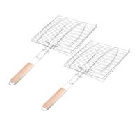 HEMOTON 2 Pezzi Cestello Griglia per Pesce e Carne Manico in Legno Argento | Filo di Ferro, Impugnatura Antiscottatura, Riscaldamento Uniforme, Facile da Girare, per Barbecue All'aperto