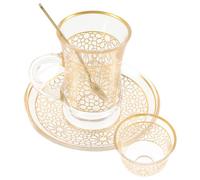 HEMOTON Set di Tazzine da Caffè in Vetro con Bordo Oro da 200ml, Facile da Pulire e Leggere, Completo di Piattino e Cucchiaino per Momenti di Relax