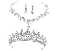HEMOTON Set gioielli da sposa con tiara corona argento, collana e orecchini strass scintillanti per matrimonio, damigella d’onore, accessori eleganti per cerimonie e feste