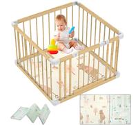 HEMUYT Box Bambini, 90x90cm Legno Box Bambini con Materassino, Legno di Pino Massiccio, Sicuro e non Verniciato, con Porta, 4 Pannelli, di Alta Qualità e Facile da Montare/Smontare in 10 Minuti