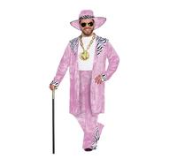 HENBRANDT Abito da uomo in velluto rosa con stampa zebrata e cappello abbinato anni '70, Big Daddy Gangster, Pimp Dress Up Outfit taglia unica da uomo