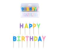 Henbrandt Confezione da 13 candele di buon compleanno su stecchini in legno, 5 colori misti da 7 cm, con scritta "Happy Birthday", decorazioni per torte di compleanno e cupcake