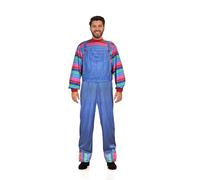 HENBRANDT Costume da bambola killer per adulti, iconico personaggio horror, tuta in denim blu con maniche a righe multicolori, per Halloween, cosplay, feste in maschera, unisex, taglia unica