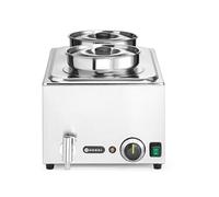 HENDI Bagnomaria elettrico, con rubinetto, scaldavivande per buffet, temperatura regolabile 30-85°C, inclusi 2 contenitori rotondi con coperchi, 8 L, 220V, 1000W, 604x332x(H)315mm, inox