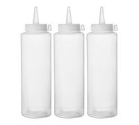 HENDI Bottiglia dosatrice di salse e condimento, riutilizzabile, set di 3 pezzi, biberon dosatore da spremere, flacone squeeze, ketchup, mustard, oli, mousse, 0,35L, ø55x(H)205mm, trasparente, PE, PP
