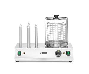 HENDI Macchina per hot dog, Scaldasalsicce elettrico, Cuoci Wurstel da 20 a 95°C con cilindro in vetro e 4 piolo riscaldati per panini, 550 W, 500x310x(H)395 mm, acciaio inossidabile