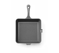 HENDI Padella griglia in ghisa, rigata, con beccuccio per versare, padella per grigliare, adatta per forno, cucina a gas, induzione, elettrica, vetroceramica, manico: 140mm, 250x250x(H) 50mm
