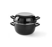 HENDI Pentola con coperchio, tegame per frutti di mare, casseruola per cucinare e servire cozze, per salse, adatta solo per cucine a gas, 1,3kg, 5,2L, ø260x(H)210mm, smaltato nero con bordo in inox