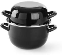 HENDI Pentola con coperchio, tegame per frutti di mare e salse, casseruola per preparare e servire cozze, adatta solo per cucine a gas, 2L, ø200x(H)180mm, smaltato nero con bordo in inox