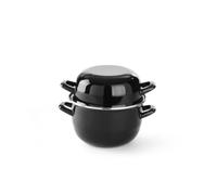 HENDI Pentola con coperchio, tegame per frutti di mare e salse, casseruola per preparare e servire cozze, adatta solo per cucine a gas, 2L, ø200x(H)180mm, smaltato nero con bordo in inox