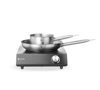 HENDI Piastra a induzione 3500W, incl. casseruola e padella, set di cottura, supporta 20 kg, adatto a recipienti con diametro del fondo di ⌀120-260 mm, 395x320x(H)95mm, nero opaco, vetro, inox