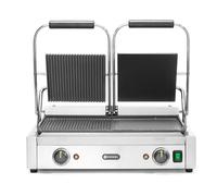 HENDI Piastra Elettrica a Contatto Doppia, Grill/Griglia Panini Professionale, Piastre Liscia e Rigata in Ghisa Smaltata, 230V, 3600W, 570x375x(H)216mm, Acciaio Inox