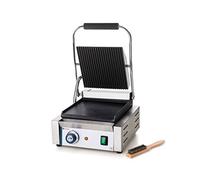 HENDI Piastra Elettrica a Contatto, Grill/Griglia Panini Professionale, Piastre Liscia e Rigata in Ghisa Smaltata, 230V, 1800W, 310x375x(H)216mm, Acciaio Inox