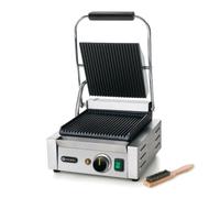 HENDI Piastra Elettrica a Contatto, Grill/Griglia Panini Professionale, Piastre Rigata in Ghisa Smaltata, 230V, 1800W, 310x375x(H)216mm, Acciaio Inox