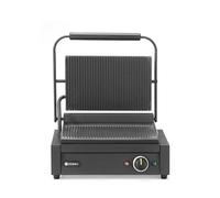 HENDI Piastra Elettrica a Contatto, Grill/Griglia Panini Professionale, Piastre Rigata in Ghisa Smaltata, 230V, 2200W, 430x375x(H)216mm, Acciaio Inox, Nero