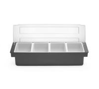 HENDI Porta Condimenti BarUp, Vaschetta Porta Guarnizioni per Cocktail con Coperchio Trasparente, 4 Contenitori in Polipropilene, 480x150x(H) 100mm, HIPS, Nero