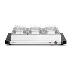 HENDI Scaldavivande elettrico per buffet, riscaldatore di alimenti con 3 contenitori GN 1/3 con coperchio, 40-75°C, 400 W, smontabile come piastra calda, 657x381x(H)161 mm, acciaio inossidabile