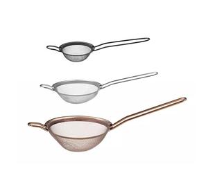HENDI Set di 3 pezzi Setaccio, Colino, Filtro, Scolapasta da cucina, da cocktail, da bar, colini a maglia fine, diverse dimensioni e colori: nero ⌀74 mm, argento ⌀105 mm, ramato ⌀144 mm, acciaio inox