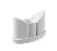 HENDI Saliera Pepiera Porcellana bianca, Set 1 Sale 1 Pepe 1 Contenitore per Stuzzicadenti e Vassoio, adatto al microonde e alla lavastoviglie, 125x54x(h)90 mm