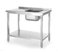 HENDI Tavolo imbullonato con lavello, ripiano inferiore fisso, autoassemblante, gambe in profilato, foro rubinetto Ø30 mm e scarico Ø50 mm, 1000x600x(H)850mm, inox