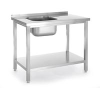 HENDI Tavolo imbullonato con lavello, ripiano inferiore fisso, autoassemblante, gambe in profilato, foro rubinetto Ø30 mm e scarico Ø50 mm, 1000x600x(H)850mm, inox