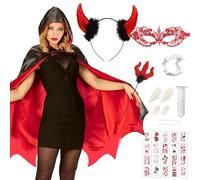 Hendpock Costume da diavolo da donna Halloween,vampiro Mantello con Cappuccio Nero Rosso Reversibile,costume da carnevale con forchetta da diavolo,cerchietto da diavolo,corna del diavolo,denti vampiro