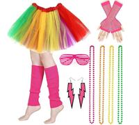 HenfuME 12 Pezzi Anni 80 Vestiti,Costume Donna Carnevale,Accessori Carnevale Donna,Kit Carnevale,Tutù, Occhiali, Scaldamuscoli,Guanti Rete Per Carnevale, Cosplay, Feste