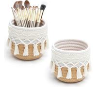 HENGBIRD Boho macramè - Set di 2 portapenne, organizer da scrivania con nappe, 12 cm x 10 cm, beige e iuta con 15 Pennelli Trucco