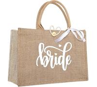 HENGBIRD Bride Borsa per il trasporto in iuta elegante e borsa per la spesa per regali di nozze, accessori per la squadra della sposa, in iuta regalo da sposa 35 x 25 x 13 cm lino
