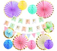 HENGBIRD Decorazioni di compleanno riutilizzabili per bambine, set color pastello con ghirlanda di buon compleanno, bandierine, pompon e ventagli di carta, adatte a feste per bambine e donne