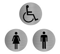 HENGBIRD Set di 3 cartelli per WC, diametro 75 mm, in alluminio, per donne e uomini, disabili, autoadesivi, ideali per porta del WC