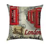 Hengjiang Weiang, federa per cuscino in stile vintage britannico, in cotone spesso e lino con stampa double-face Big Ben, London Bridge, autobus rosso, cabina telefonica, 45 x 45 cm (18" x 18")