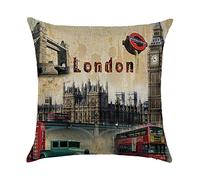 Hengjiang Weiang, federa per cuscino in stile vintage britannico, in cotone spesso e lino con stampa double-face Big Ben, London Bridge, autobus rosso, cabina telefonica, 45 x 45 cm (18" x 18")