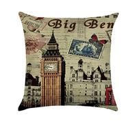 Hengjiang Weiang, federa per cuscino in stile vintage britannico, in cotone spesso e lino con stampa double-face Big Ben, London Bridge, autobus rosso, cabina telefonica, 45 x 45 cm (18" x 18")